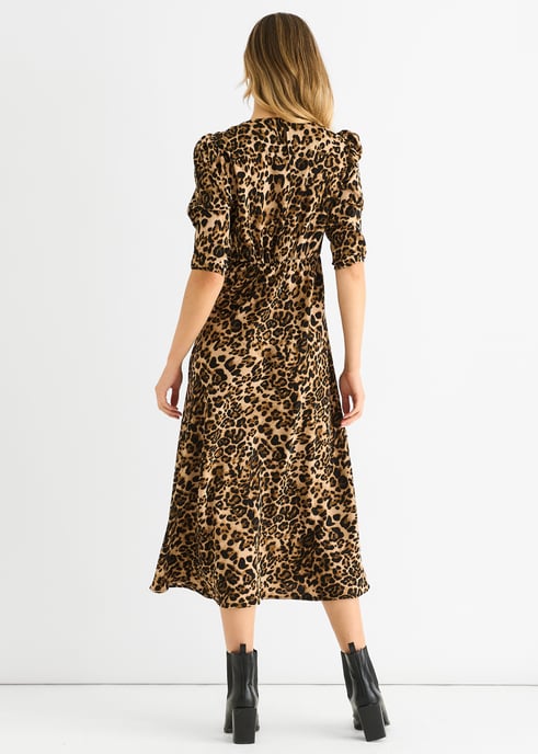 Brown Animal Print Satin Animal Shift Midi Dress - Image 4