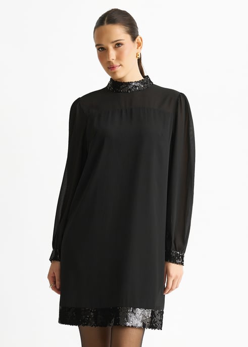 Black Sequin Trim High Neck Belted Mini Dress - Image 2
