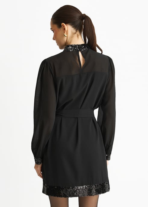 Black Sequin Trim High Neck Belted Mini Dress - Image 4