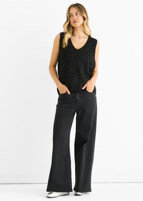 Black Sequin Sparkle V Neck Vest Knit Jumper - Image 1