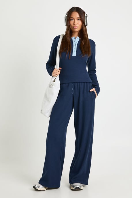 Contrast Binding Henley Button Down Top & Trouser Co Ord - Image 1