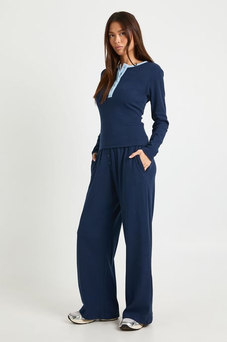 Contrast Binding Henley Button Down Top & Trouser Co Ord - Image 3