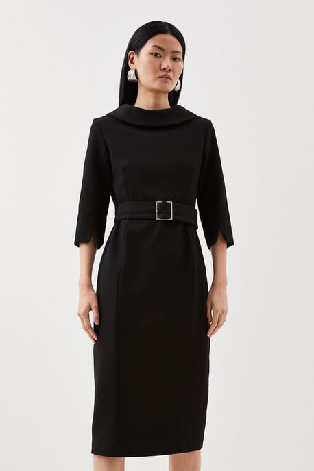 Petite Tailored Structured Crepe Roll Neck Pencil Midi Dress - Image 1