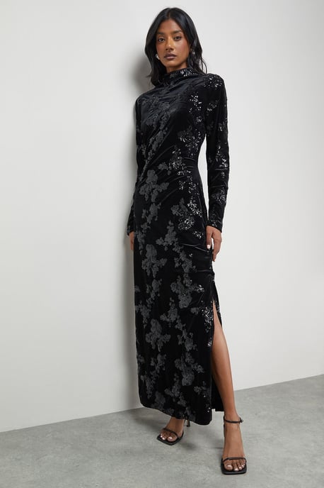 Velvet Sequin High Neck Backless Midaxi Dress - Image 1