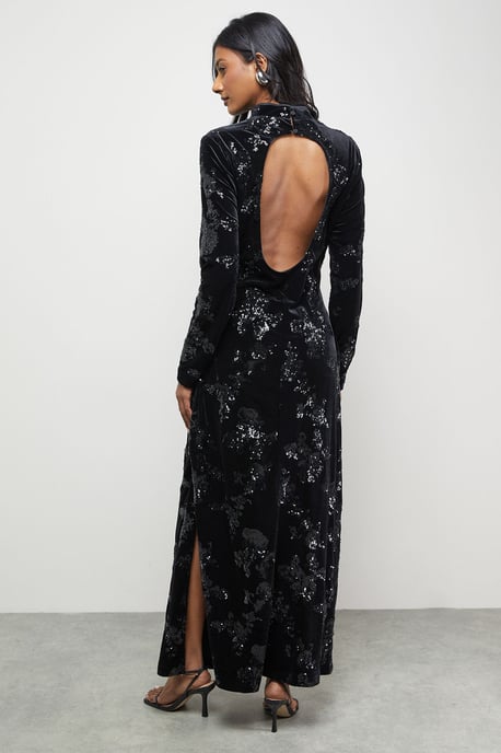 Velvet Sequin High Neck Backless Midaxi Dress - Image 3