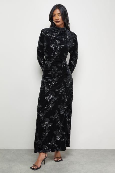 Velvet Sequin High Neck Backless Midaxi Dress - Image 4