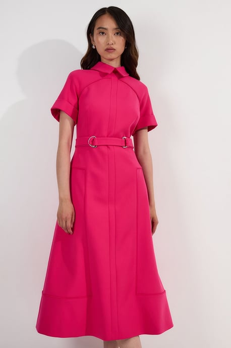 Compact Stretch Tab Detail Full Skirted Midi Dress - Image 1
