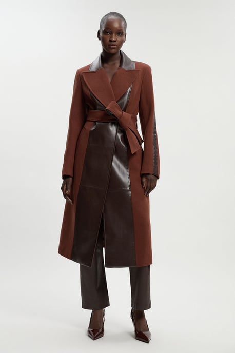 Wool PU Mix Belted Midi Coat - Image 2