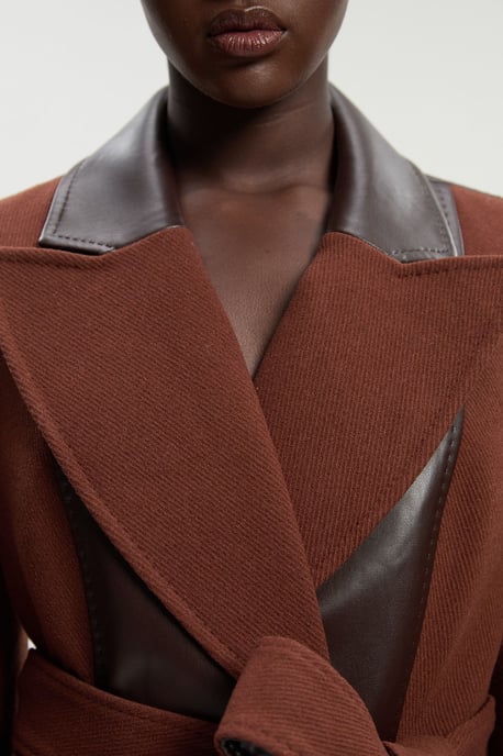 Wool PU Mix Belted Midi Coat - Image 3