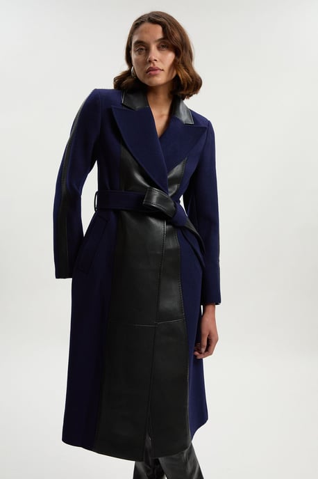Wool PU Mix Belted Midi Coat - Image 1