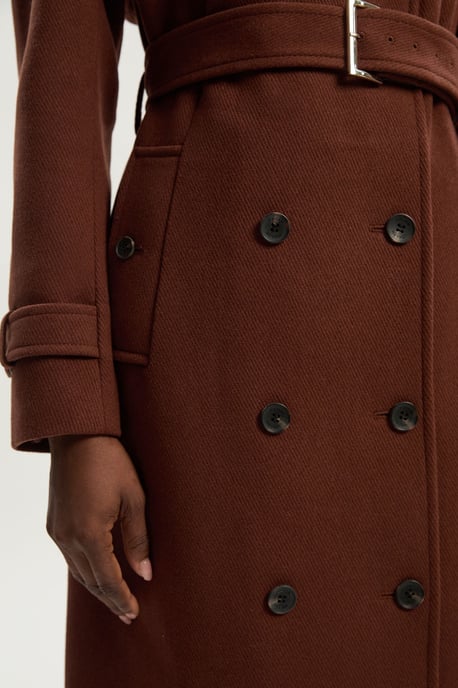Wool Pu Mix Tailored Belted Trench Maxi Coat - Image 2