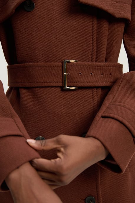 Wool Pu Mix Tailored Belted Trench Maxi Coat - Image 5
