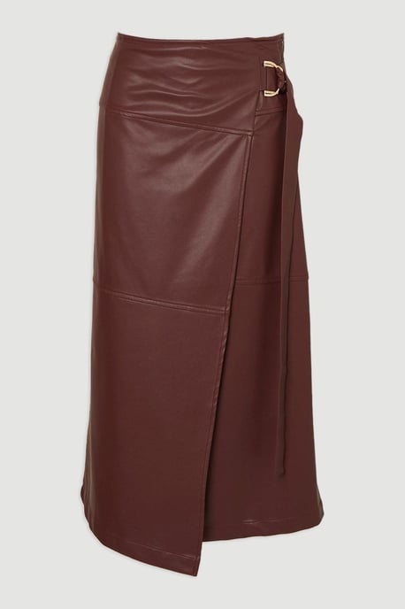 Faux Leather Tie Detail Wrap Midi Skirt - Image 4