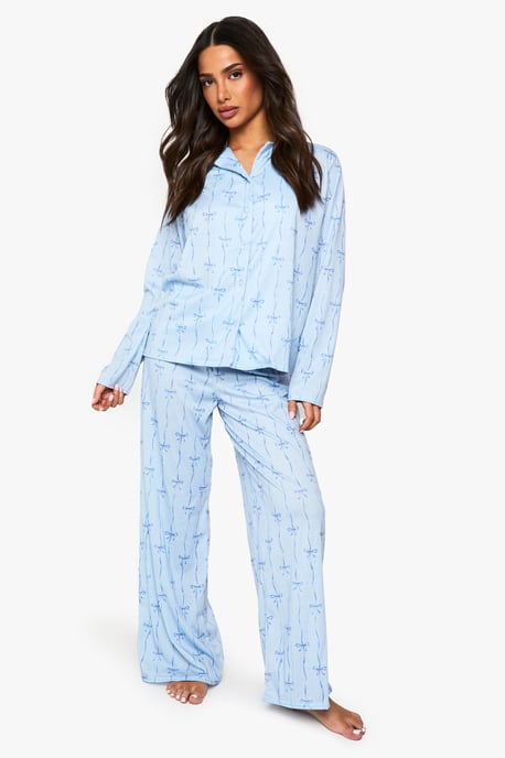 Petite Bow Print Long Sleeve Shirt & Trousers Pyjama Set - Image 3