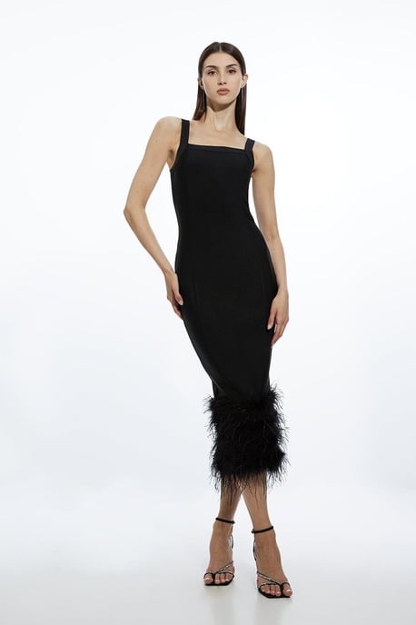 Figure Form Bandage Feather Hem Knit Midi Dress - Image 1
