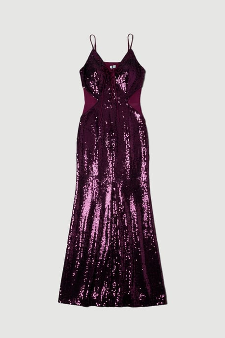 Sequin Power Mesh Lace Up Front Halter Neck Split Detail Maxi Dress - Image 4