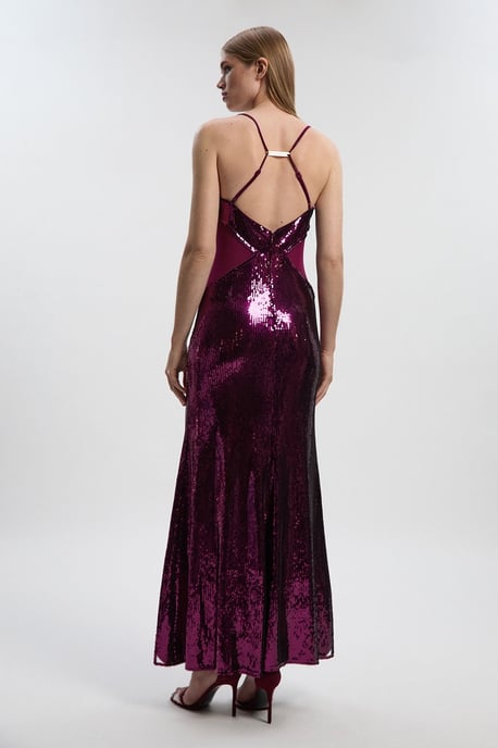 Sequin Power Mesh Lace Up Front Halter Neck Split Detail Maxi Dress - Image 5