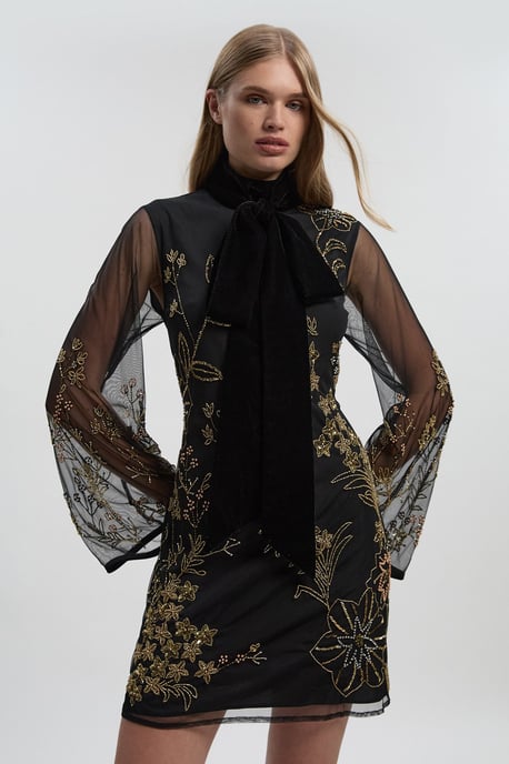 Floral Applique Embellished Organdie Woven Mini Dress - Image 1