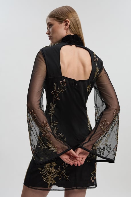 Floral Applique Embellished Organdie Woven Mini Dress - Image 4