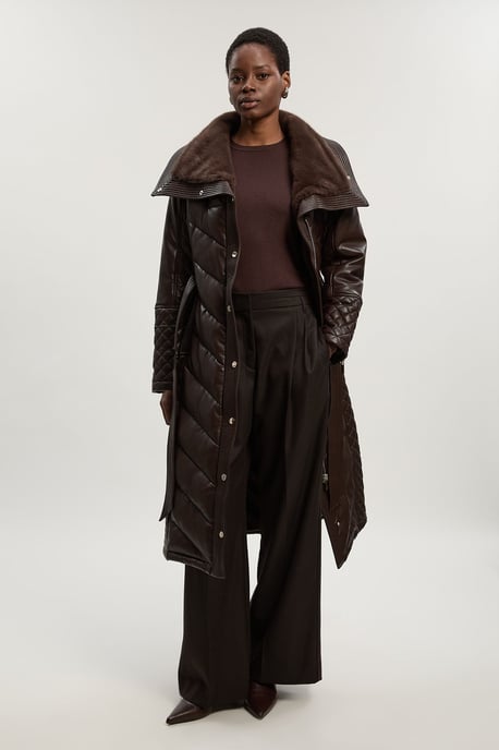 Padded Faux Leather & Faux Fur Mix Midi Coat - Image 1