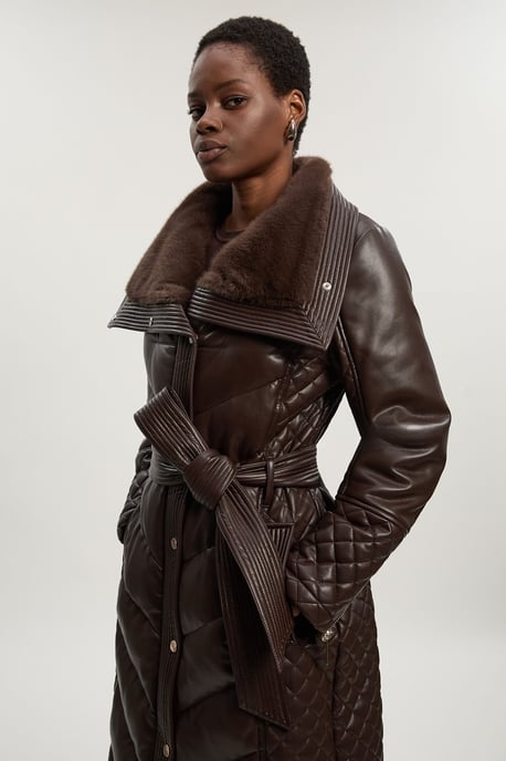 Padded Faux Leather & Faux Fur Mix Midi Coat - Image 2