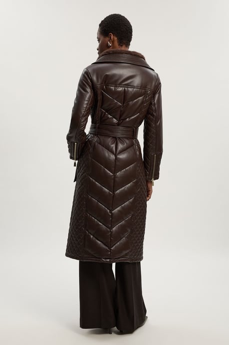 Padded Faux Leather & Faux Fur Mix Midi Coat - Image 3