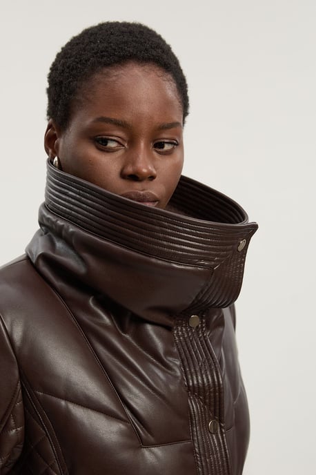Padded Faux Leather & Faux Fur Mix Midi Coat - Image 4
