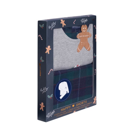 Happy Shorts Dames kerst pyjama set shirt + broek giftbox grijs/groen geruit flanel - Image 3