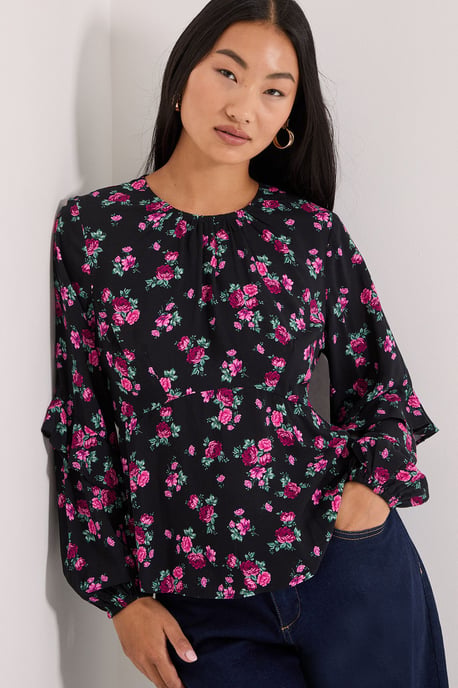 Petite Black Floral Ruffle Blouson Sleeve Empire Seam Blouse - Image 1