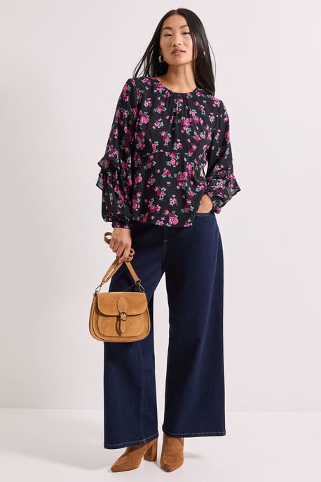 Petite Black Floral Ruffle Blouson Sleeve Empire Seam Blouse - Image 2
