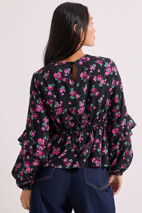 Petite Black Floral Ruffle Blouson Sleeve Empire Seam Blouse - Image 3