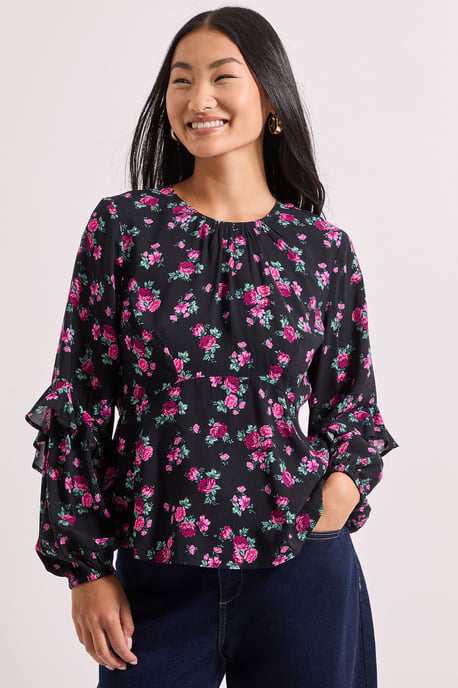 Petite Black Floral Ruffle Blouson Sleeve Empire Seam Blouse - Image 4