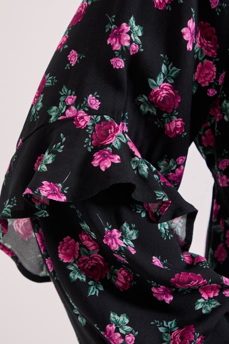 Petite Black Floral Ruffle Blouson Sleeve Empire Seam Blouse - Image 5