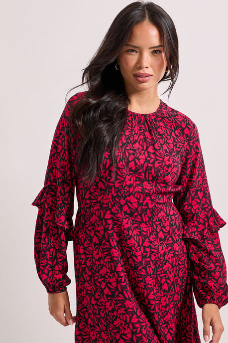 Pink Ruffle Blouson Sleeve Empire Seam Midi Dress - Image 2