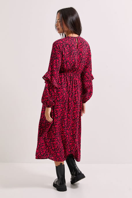 Pink Ruffle Blouson Sleeve Empire Seam Midi Dress - Image 3