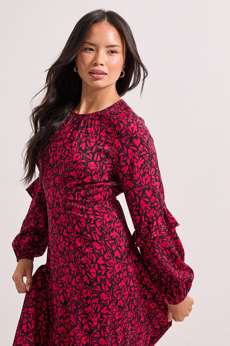 Pink Ruffle Blouson Sleeve Empire Seam Midi Dress - Image 4