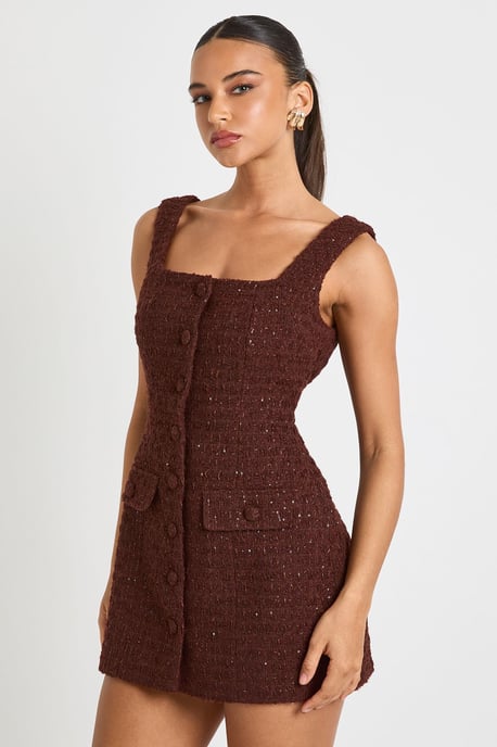 Sequin Boucle Square Neck Tailored Mini Dress - Image 1