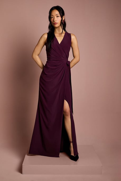 V Neck Wrap Detail Crepe Maxi Bridesmaid Dress - Image 1