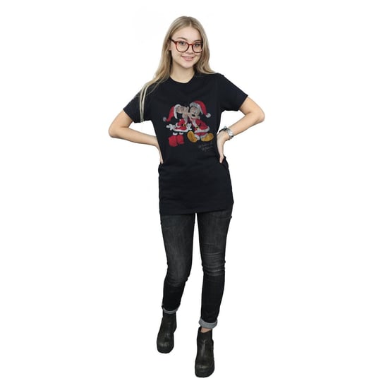 Disney Dames/Dames Mickey en Minnie Kerstkus Katoenen Vriendje T-shirt (Zwart) - Image 4