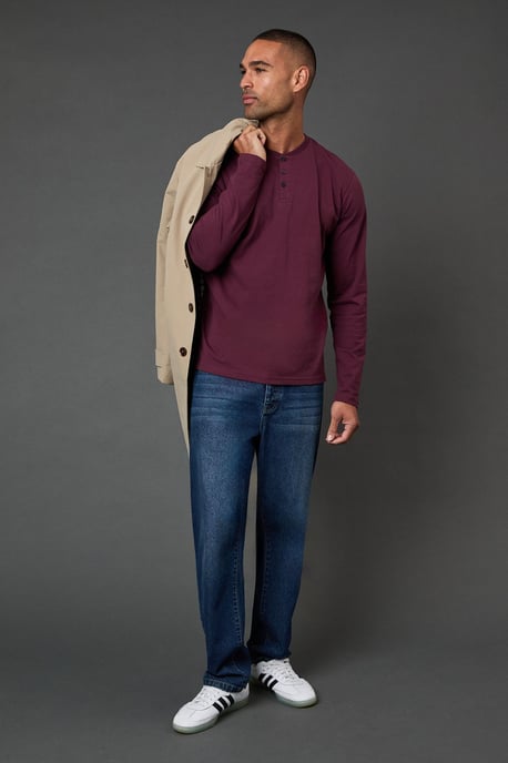 Burgundy Long Sleeve Grandad Neck T-Shirt - Image 2