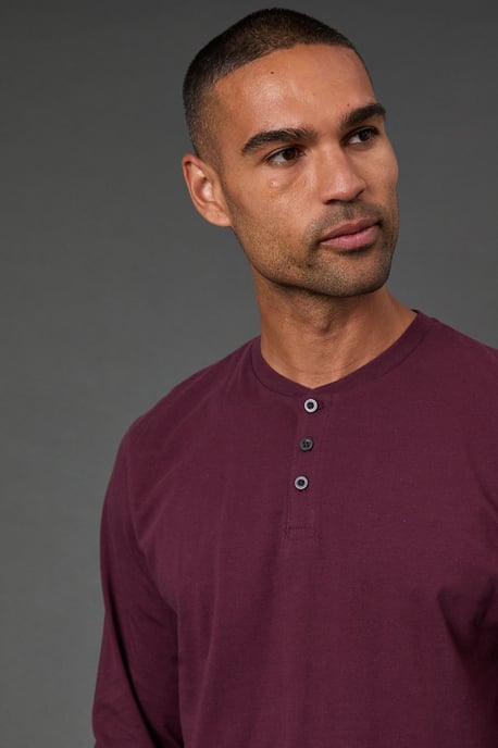 Burgundy Long Sleeve Grandad Neck T-Shirt - Image 3