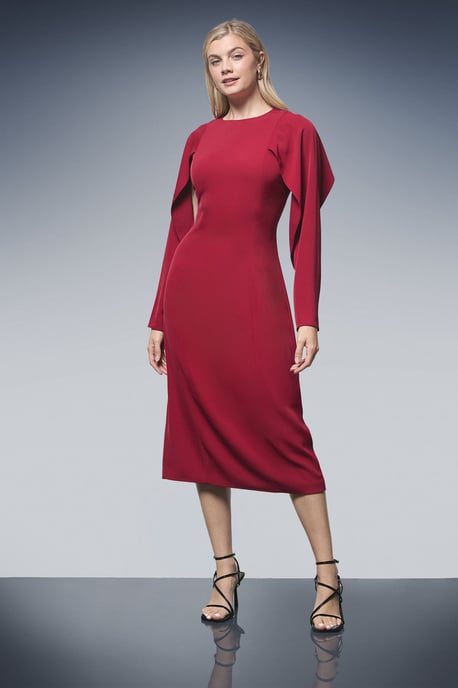 Berry Caped Sleeve Detail Crepe Column Dress - Image 1