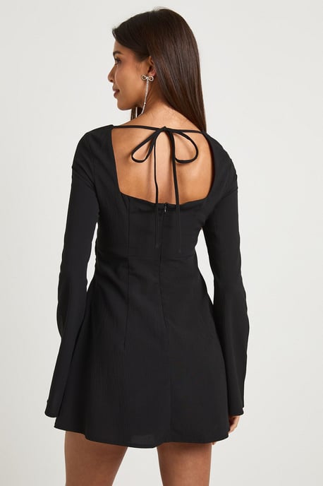 Satin Mix Flare Sleeve Skater Dress - Image 2
