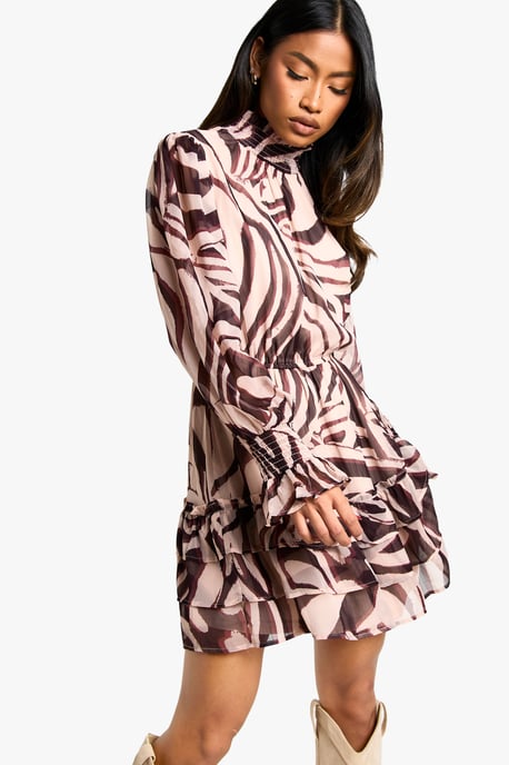 Zebra Crinkle Chiffon High Neck Mini Dress - Image 3