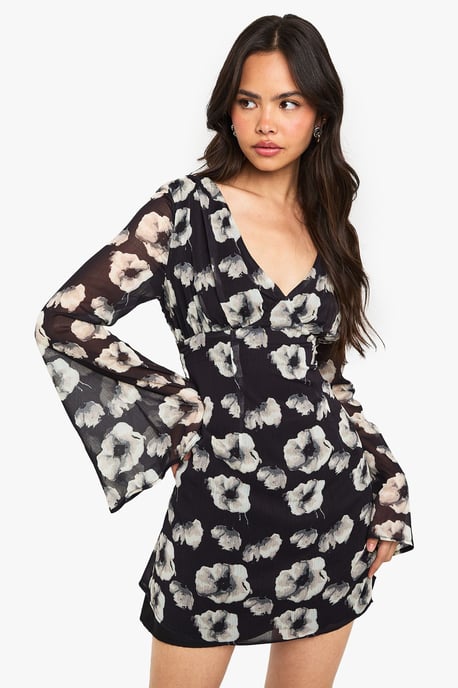 Floral Chiffon Plunge Mini Dress - Image 1