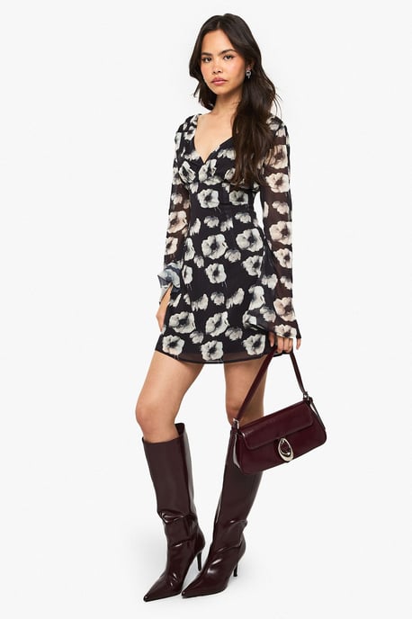 Floral Chiffon Plunge Mini Dress - Image 3