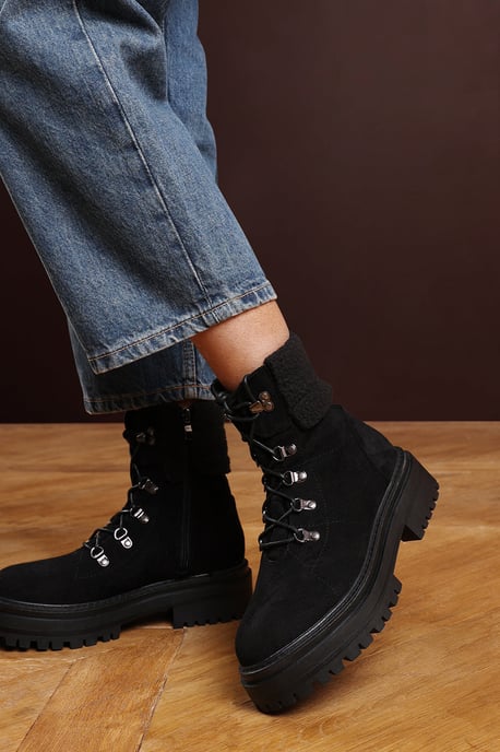 Wheres That From Womens 'Una' Suede Lace-Up Ankle Boots with Faux Fur Trim and Chunky Sole - Image 1