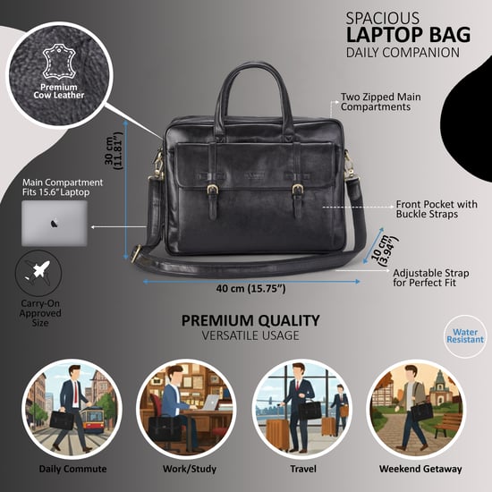 Genuine Leather Laptop Black Satchel Messenger Crossbody Shoulder Bag - Belmont - Image 2