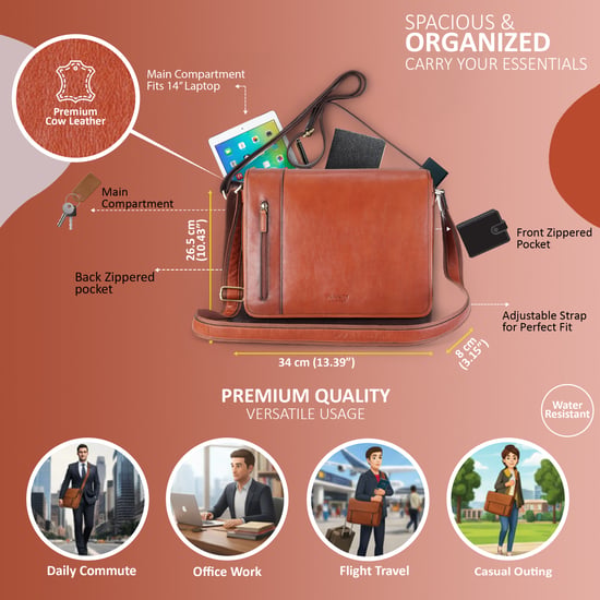 Genuine Leather Tan Laptop Satchel Messenger Shoulder Bag - Astor - Image 2