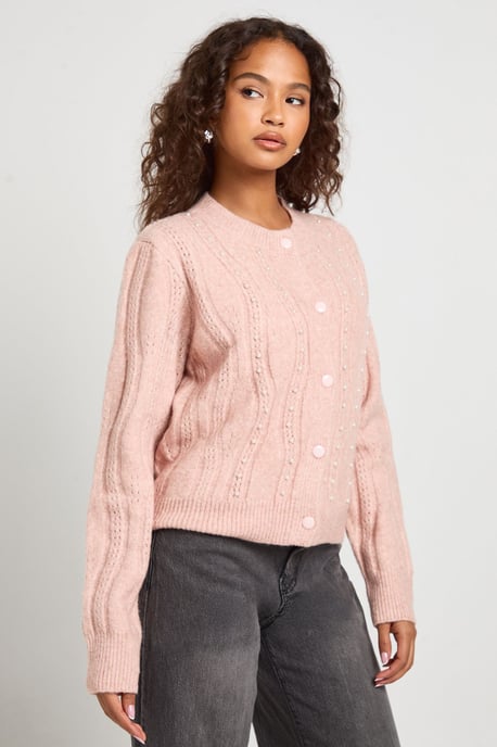 Pearl Cable Detail Fitted Knit Cardigan - Image 1